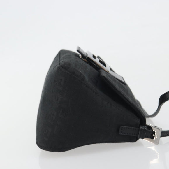 FENDI Zucchino Canvas Mamma Baguette Shoulder Bag Black Silver Auth ki6734M