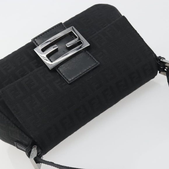 FENDI Zucchino Canvas Mamma Baguette Shoulder Bag Black Silver Auth ki6734M
