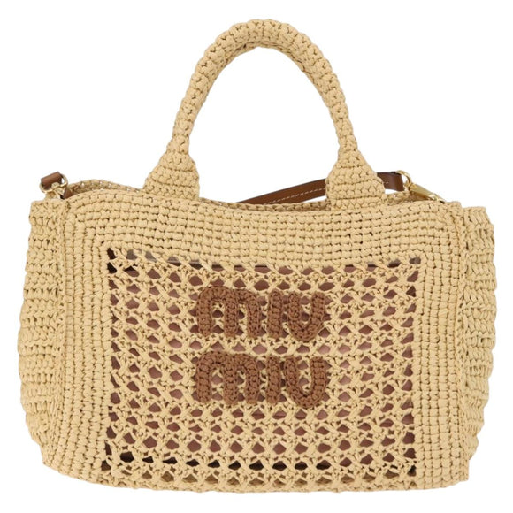 Miu Miu Woven Tote Bag Raffia 2way Beige Gold Tone Auth ki6738M