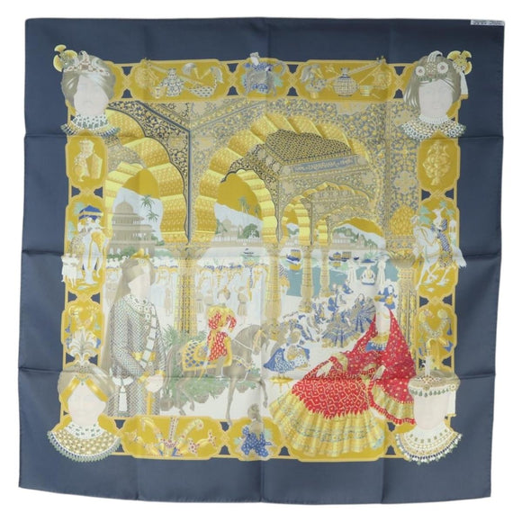 HERMES Carre 90 Scarf Silk ""MAHARAJAS"" Blue Gold Auth ki6741M