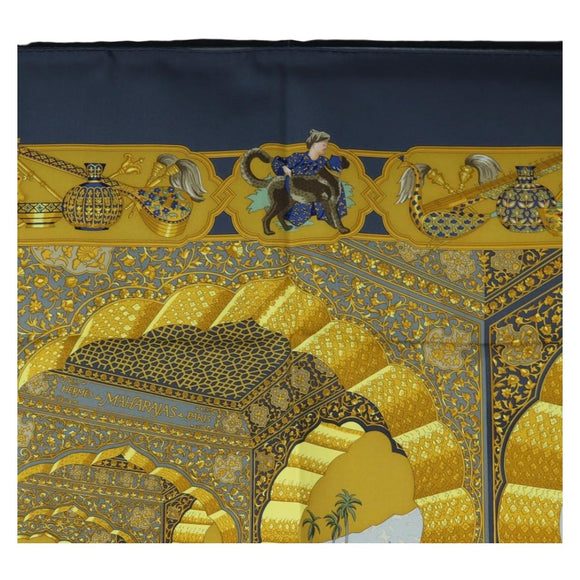 HERMES Carre 90 Scarf Silk ""MAHARAJAS"" Blue Gold Auth ki6741M