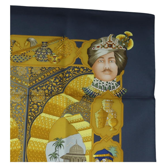 HERMES Carre 90 Scarf Silk ""MAHARAJAS"" Blue Gold Auth ki6741M