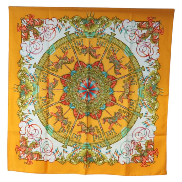 HERMES Carre 90 Scarf Silk ""LUNA ARK"" Orange White Auth ki6742M