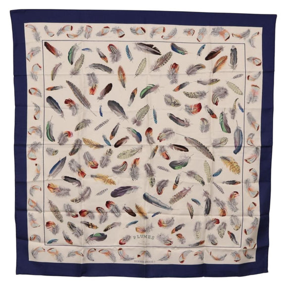 HERMES Carre 90 Scarf ”PLUMES” Silk Blue Auth ki6752