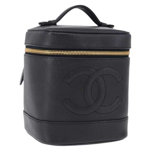 CHANEL COCO Mark Vanity Hand Bag Caviar Skin Black Gold CC Auth ki6768SAV