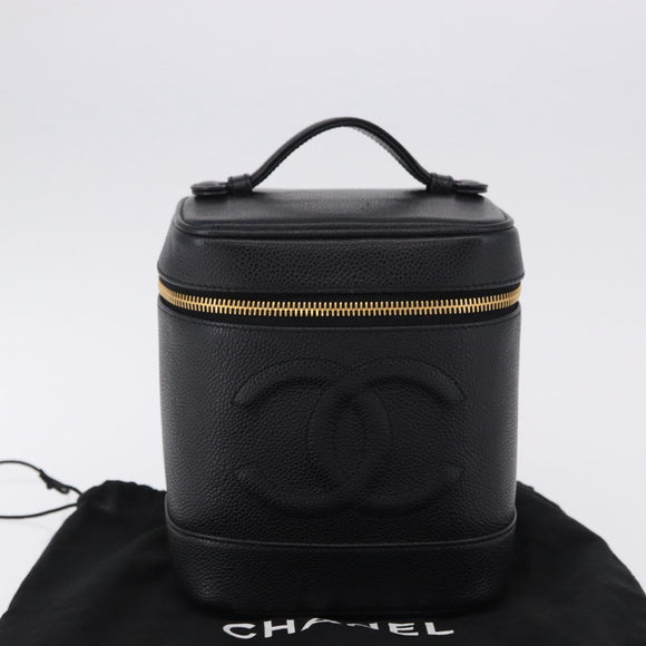 CHANEL COCO Mark Vanity Hand Bag Caviar Skin Black Gold CC Auth ki6768SAV