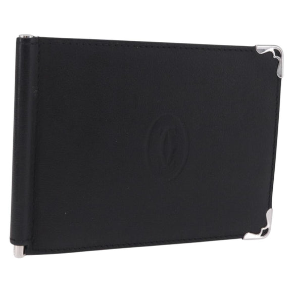 Cartier Money Clip Wallet Leather Black Silver Auth ki6772M