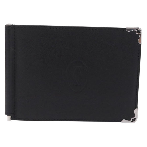 Cartier Money Clip Wallet Leather Black Silver Auth ki6772M