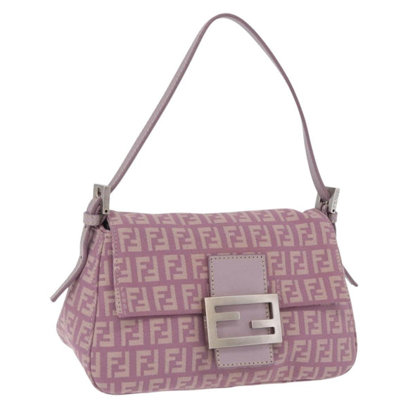 FENDI Zucchino Canvas Mini Mamma Baguette Bag Purple Silver Auth ki6806M