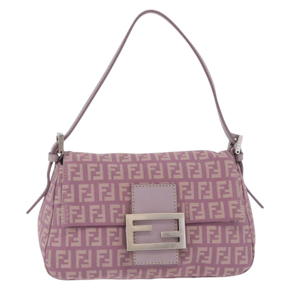FENDI Zucchino Canvas Mini Mamma Baguette Bag Purple Silver Auth ki6806M