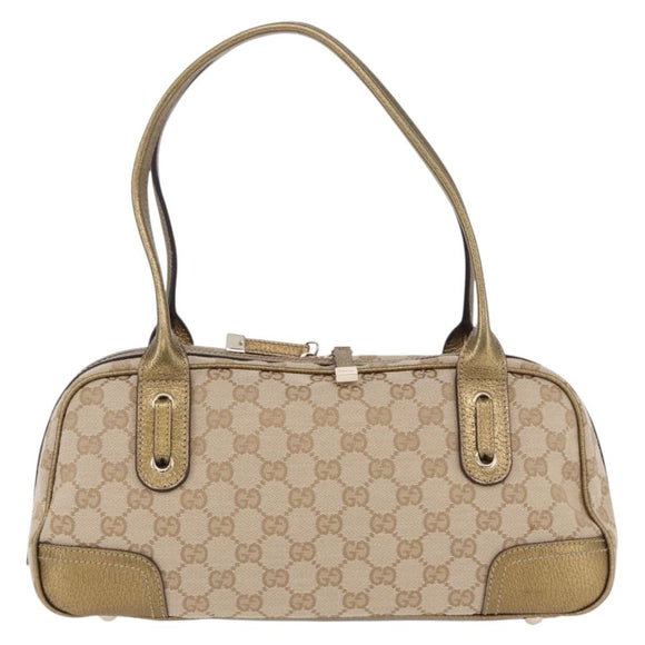 GUCCI GG Canvas Hand Bag Leather Beige Gold 161720 Auth ki6809V