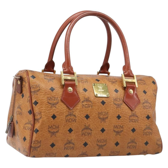 MCM Vicetos Logogram Mini Boston Bag PVC Leather Brown Gold Auth ki6815