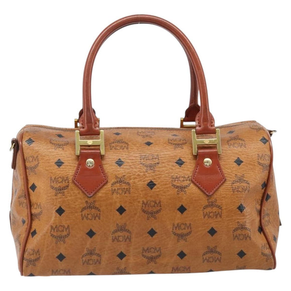 MCM Vicetos Logogram Mini Boston Bag PVC Leather Brown Gold Auth ki6815