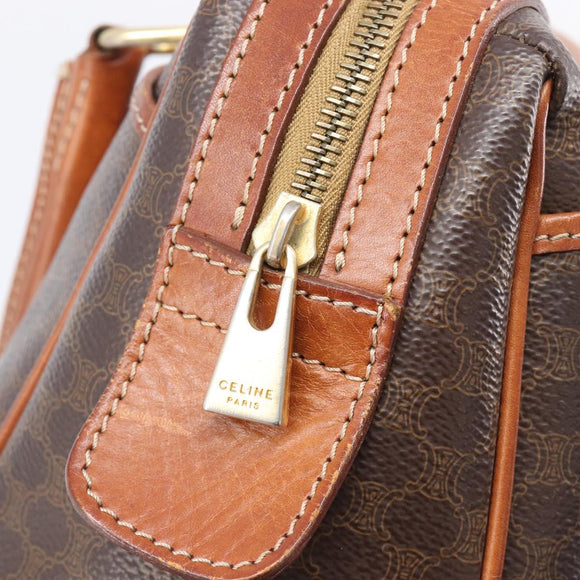 CELINE Macadam Canvas Mini Boston Bag PVC Leather Brown Gold Auth ki6818