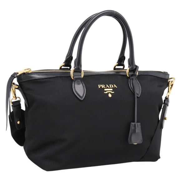 PRADA Hand Bag Nylon Leather 2way Black Gold Auth ki6822V