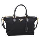 PRADA Hand Bag Nylon Leather 2way Black Gold Auth ki6822V-13