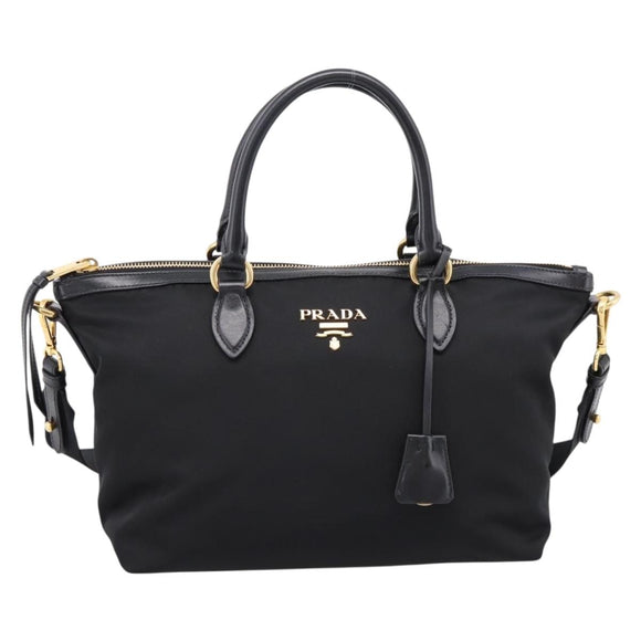 PRADA Hand Bag Nylon Leather 2way Black Gold Auth ki6822V