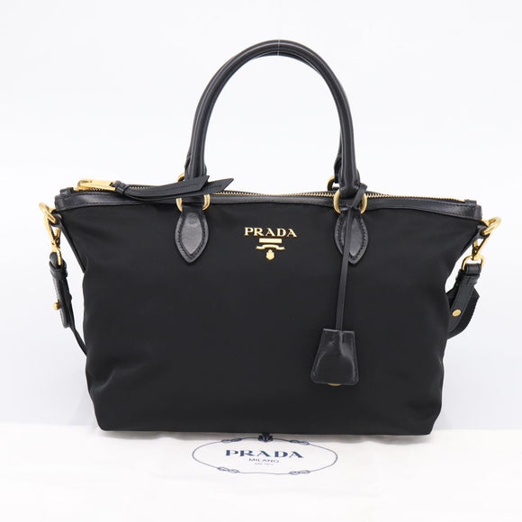 PRADA Hand Bag Nylon Leather 2way Black Gold Auth ki6822V