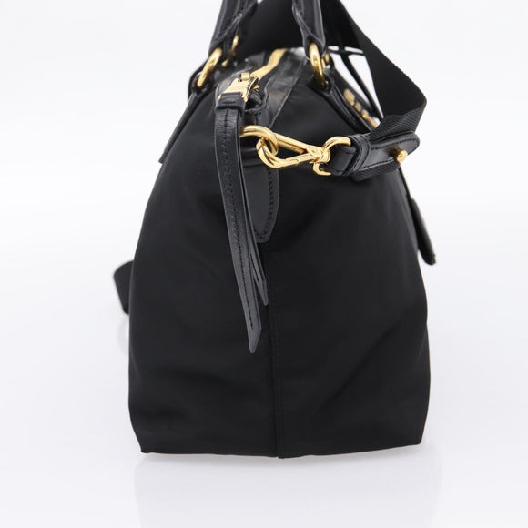 PRADA Hand Bag Nylon Leather 2way Black Gold Auth ki6822V