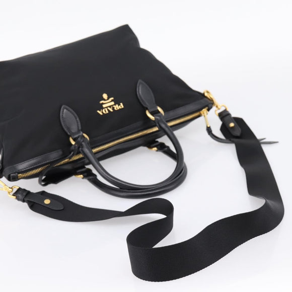PRADA Hand Bag Nylon Leather 2way Black Gold Auth ki6822V