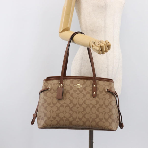 Coach Signature Tote Bag PVC Beige Gold Auth ki6830A