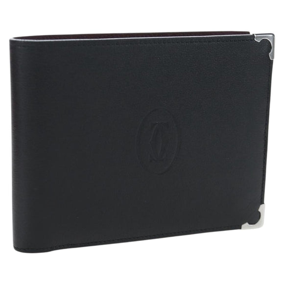 CARTIER Bifold Wallet Leather Black Silver Auth ki6832V
