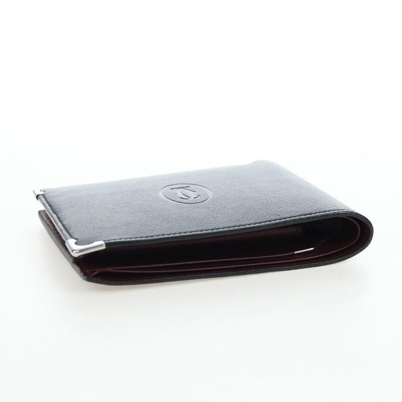 CARTIER Bifold Wallet Leather Black Silver Auth ki6832V