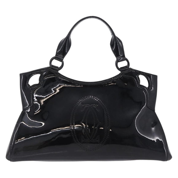 CARTIER Hand Bag Patent Leather Black Silver Auth ki6838A