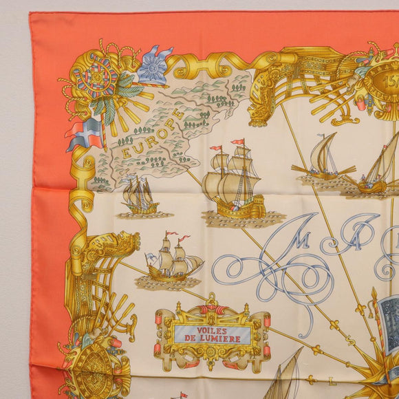 HERMES Carre 90 Scarf Silk ""VOILES DE LUMIERE"" Orange Auth ki6854