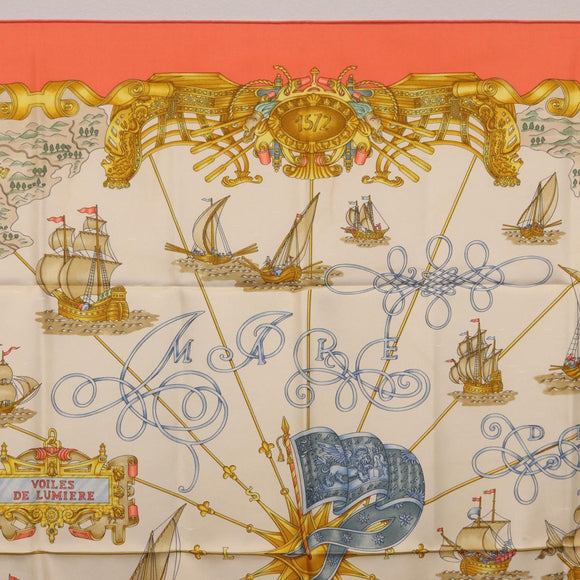 HERMES Carre 90 Scarf Silk ""VOILES DE LUMIERE"" Orange Auth ki6854