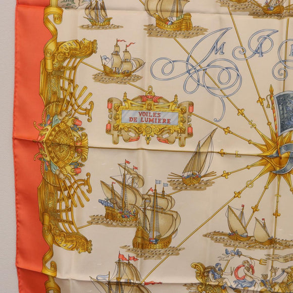 HERMES Carre 90 Scarf Silk ""VOILES DE LUMIERE"" Orange Auth ki6854