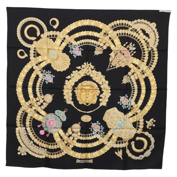 HERMES Carre 90 Scarf Silk ""KOSMIMA"" Black Auth ki6856