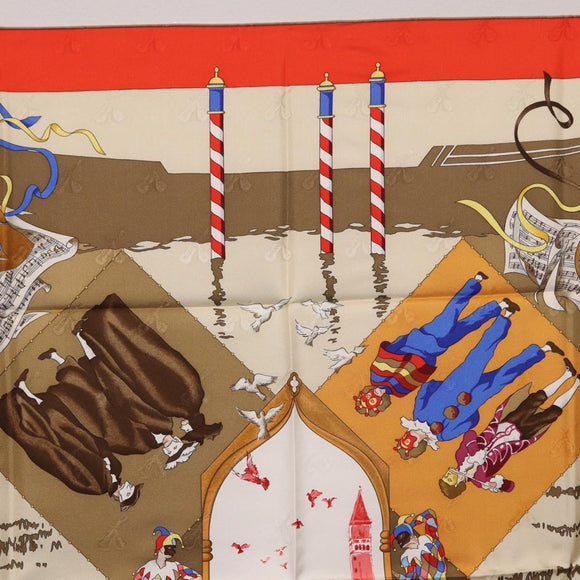 HERMES Carre 90 Scarf Silk ""LE CARNAVAL DE VENISE"" Red Auth ki6857
