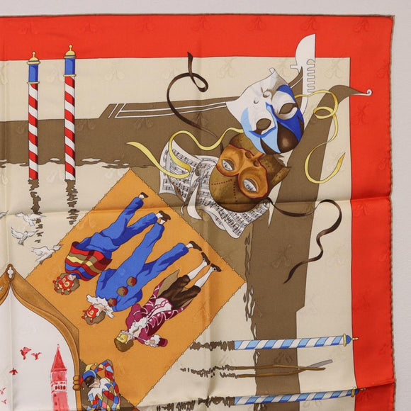 HERMES Carre 90 Scarf Silk ""LE CARNAVAL DE VENISE"" Red Auth ki6857