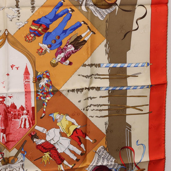 HERMES Carre 90 Scarf Silk ""LE CARNAVAL DE VENISE"" Red Auth ki6857