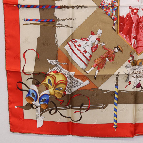 HERMES Carre 90 Scarf Silk ""LE CARNAVAL DE VENISE"" Red Auth ki6857