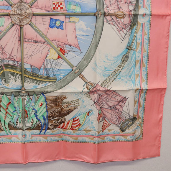 HERMES Carre 90 Scarf Silk ""vive le vent"" Pink Auth ki6861