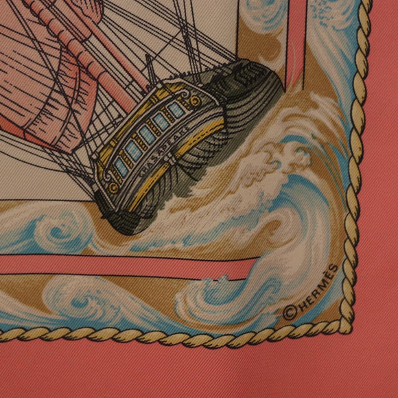 HERMES Carre 90 Scarf Silk ""vive le vent"" Pink Auth ki6861