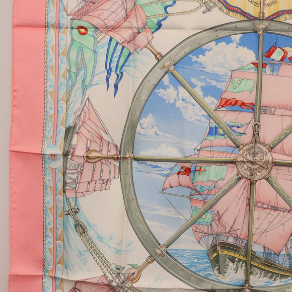 HERMES Carre 90 Scarf Silk ""vive le vent"" Pink Auth ki6861