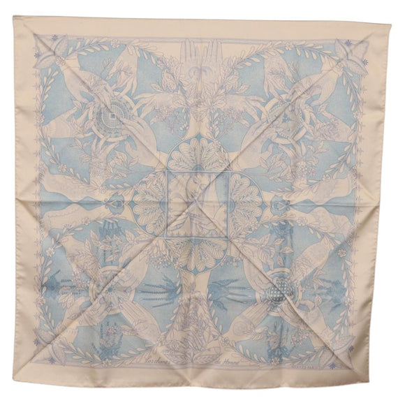 HERMES Carre 90 Scarf Silk Beige Light Blue ""Les chants du Henna"" Auth ki6863M