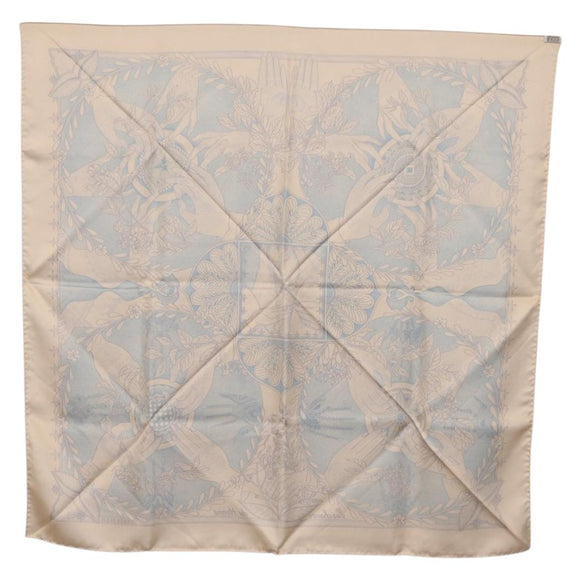 HERMES Carre 90 Scarf Silk Beige Light Blue ""Les chants du Henna"" Auth ki6863M