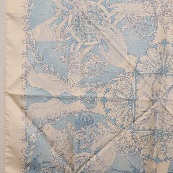 HERMES Carre 90 Scarf Silk Beige Light Blue ""Les chants du Henna"" Auth ki6863M