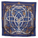 HERMES Carre 90 Scarf Silk Blue White ""CAVALCADOUR"" Auth ki6864M-1