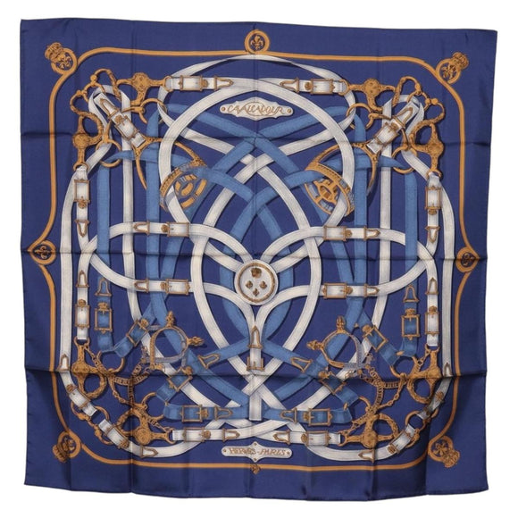 HERMES Carre 90 Scarf Silk Blue White ""CAVALCADOUR"" Auth ki6864M