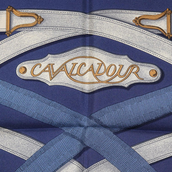 HERMES Carre 90 Scarf Silk Blue White ""CAVALCADOUR"" Auth ki6864M