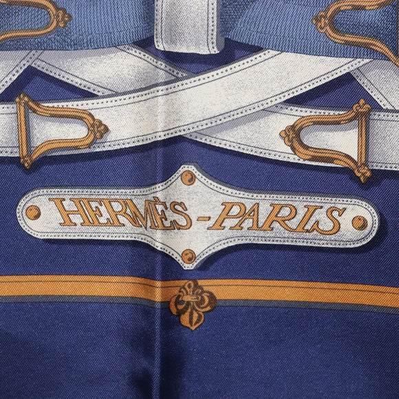 HERMES Carre 90 Scarf Silk Blue White ""CAVALCADOUR"" Auth ki6864M