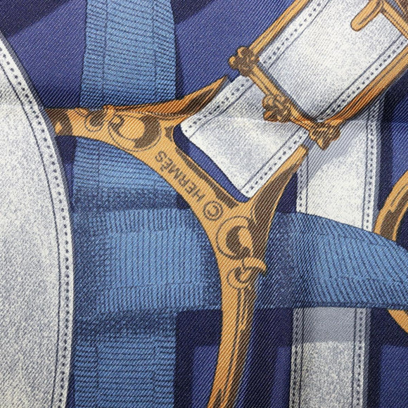 HERMES Carre 90 Scarf Silk Blue White ""CAVALCADOUR"" Auth ki6864M