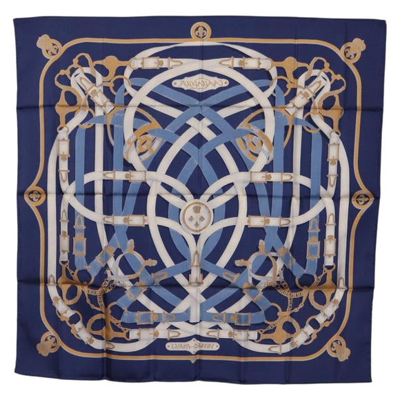 HERMES Carre 90 Scarf Silk Blue White ""CAVALCADOUR"" Auth ki6864M