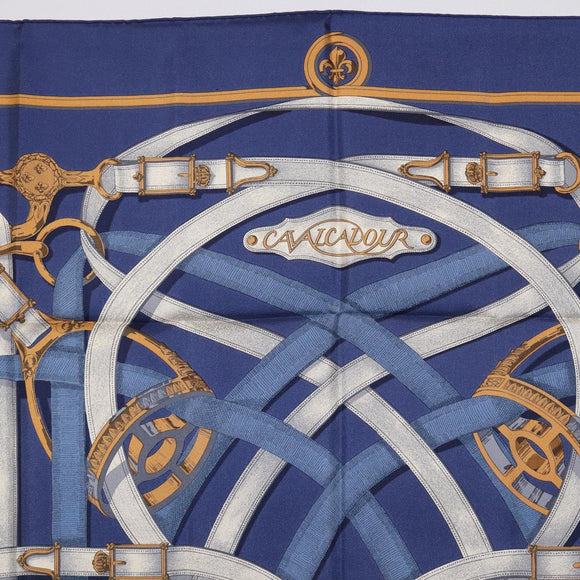 HERMES Carre 90 Scarf Silk Blue White ""CAVALCADOUR"" Auth ki6864M