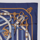 HERMES Carre 90 Scarf Silk Blue White ""CAVALCADOUR"" Auth ki6864M-4